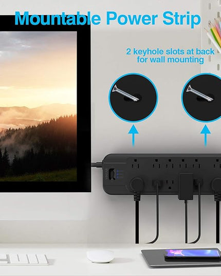 VINTAR Power Strip Surge Protector (2 × 4800 Joules) with 12 AC Outlets,1875W Output, 6ft Long Extension Cord Flat Plug with Dual Surge Protection for Office, Home, ETL Listed, Black