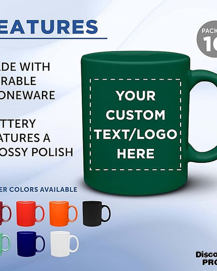 Custom Ceramic Coffee Mugs 11 oz. Set of 10, Personalized Bulk Pack - Coffee cup set, Iced coffee cup, Gaming mug - Green