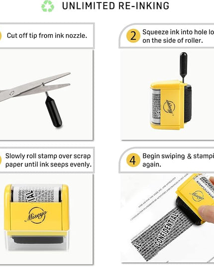 Miseyo Identity Theft Protection Roller Stamp Set - Yellow (6 Refill Ink Incleded)