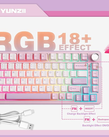 YUNZII B75 PRO Wireless Mechanical Keyboard,75% Layout with Knob,Hot Swap Gasket Custom Structure,Creamy Pre-lubed Switches,RGB Backlit,Bluetooth/Type-C/2.4G for Win/Mac(Cocoa Cream V2 Switch,Purple)