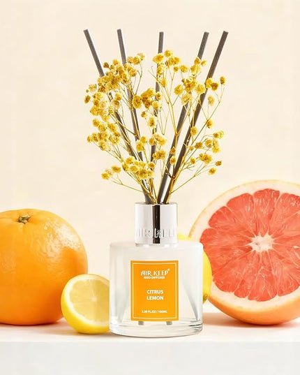 Airkeep Reed Diffuser Set,3.38 fl oz (100 ml) - Citrus Lemon Oil Diffusers with 8 Reed Sticks, Home Fragrance Reed Diffuser for Bathroom Shelf Decor