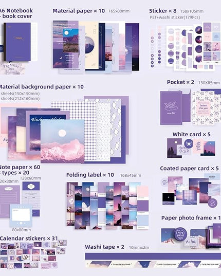 348 Pcs Scrapbooking Supplies Kit, Vintage Aesthetic Scrapbook Kit for Bullet Junk Journal, Stationery, A6 Grid Notebook, DIY Journaling Supplies, Birthday Craft Gift for Teen Girl Kid Women