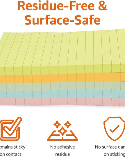 Amazon Basics Sticky Notes, 4x6 Inches, Assorted Colors Self-Stick Pads, Easy to Post for Home, Office, Notebook, 100 sheets/Pad, Pack of 5
