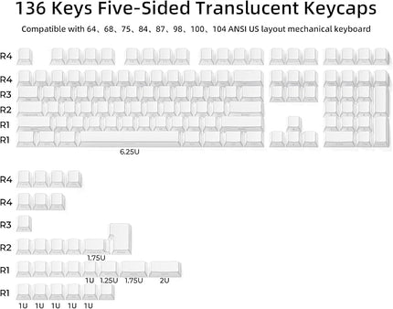 XVX White Shine Through Keycaps, PBT Keyboard Keycaps Cherry Profile, Custom Side Printed Keycap Sets Suitable for 60% 65% 75% 80% 100% Mechanical Keyboard