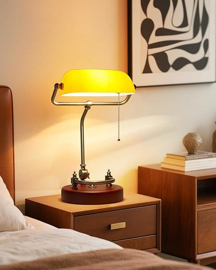 Bankers Lamp, Traditional Orange Desk Lamp with Solid Birch Wood Base, Orange Glass Antique Library Lamp with Pull Chain Switch, Plug in Vintage Bankers Desk Lamp for Office, Study Room 【E26 Socket】