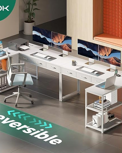 AODK 53 Inch L Shaped Computer Desk with Drawers, Corner Desk with Power Outlets & Reversible Storage Shelves, for Home Office Gaming, White