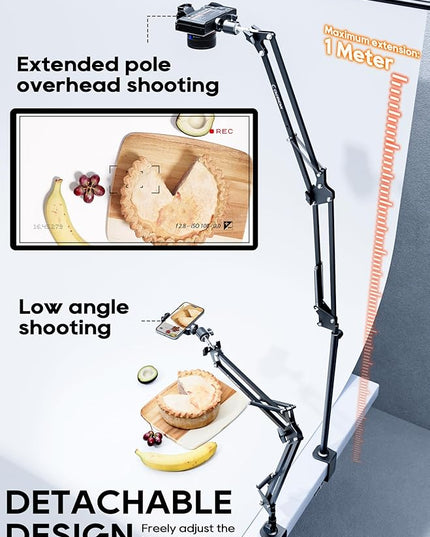Overhead Camera Mount, 5lb Horizontal Load-Bearing, 360° Adjustable Stand for Desk, Flexible Arm Desk Mount, with Phone Clamp, Tabletop Mount for DSLR Camera/Webcam/Microphone（White