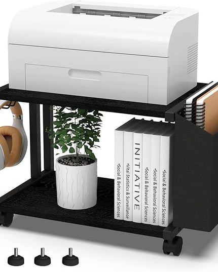 VEDECASA 2 Tier Black Printer Stand with Storage Bag for Home Office Desktop Printer Table Underdesk Organizer Mobile Printer Shelf with Caster Wheel (Black)