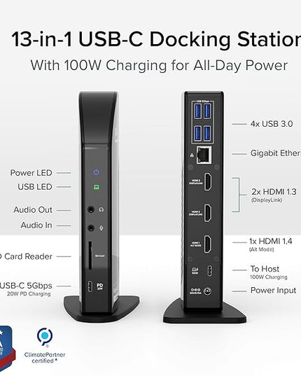 Plugable USB-C Triple Monitor Docking Station: 13-in-1 Laptop Dock with 100W Charging for Mac (DisplayLink Driver Required), Windows, Chrome, 3 HDMI, Gigabit Ethernet, SD, USB-C 20W, 4 USB - UD-ULTCDL