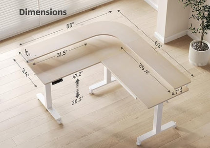 Claiks 63" L Shaped Standing Desk with Drawers and LED Lights, Height Adjustable Electric Corner Standing Desk with Monitor Stand & Power Outlet, 4 Memory Preset, Nature