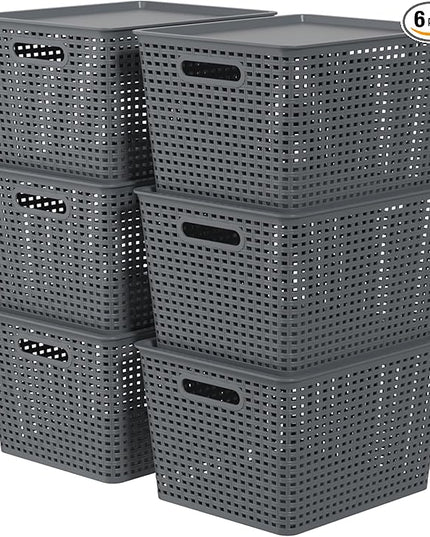 6 Packs Large Plastic Storage Basket Bin with Lid, Tall Stackable Lidded Organizer Baskets for Desktops, Closets, Shelves, Gray