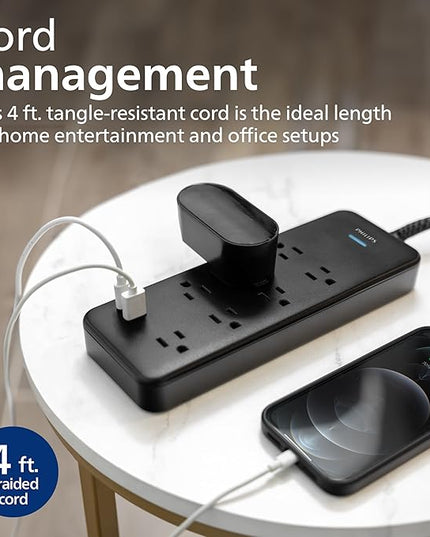 Philips 7-Outlet Adapter Spaced Surge Protector, 4ft Braided Cord, Power Strip with USB Charging, for Home School and Office, 1USB-A, 1USB-C, 1500J, Black, SPP9643B/37