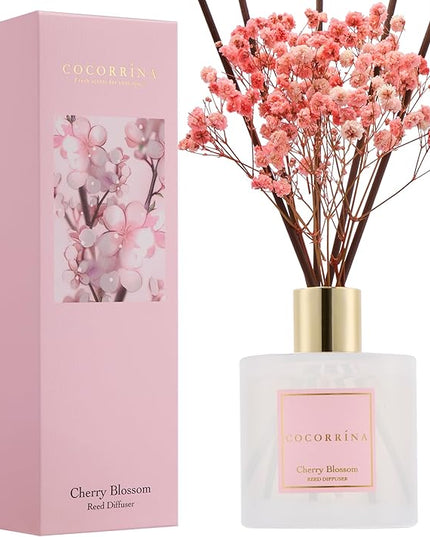 COCORRÍNA Reed Diffuser - Cherry Blossom 6.7 Fl.oz Reed Diffuser Set with Sticks & Preserved Baby's Breath, Reed Diffuser for Home Bathroom Shelf Decor