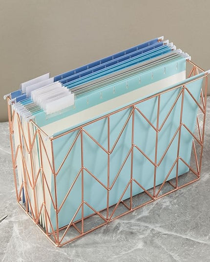 Beramon Hanging File Folder Kit Includes 1 Rose Gold Hanging File Desk Organizer and 20 Pack Hanging File Folders Letter Size with 1/5 Cut Tabs Design for School Office Home Supplies, Blue Design