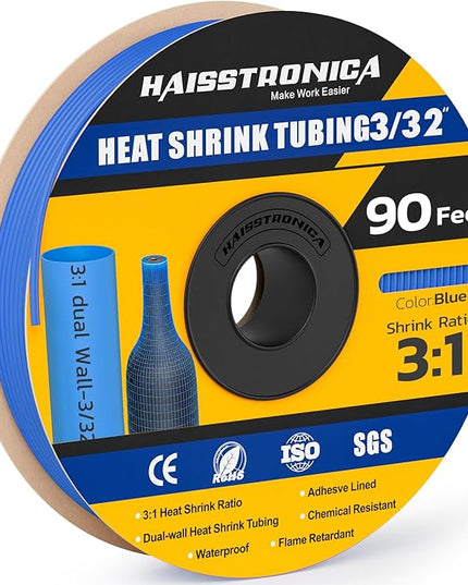 haisstronica 3:1 Heat Shrink Tubing, Shrink Ratio Adhesive Lined Marine Grade Heat Shrink Tube for Home, Automotive and Industrial (Blue) 90FT 3/32inch