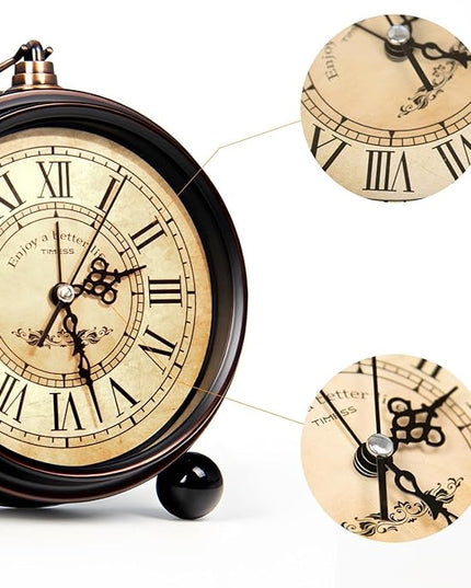 TIMESS Vintage Analog Alarm Clock, 4.3" Silent Non-Ticking Quartz Desk Clock with Roman Numerals, Battery Operated Table Clock for Bedroom, Living Room, Office, or Gift (White)