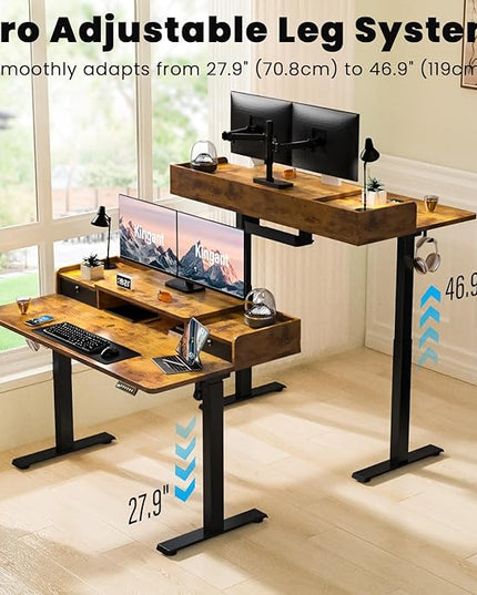 Kingant 48 x 30 Inch Standing Desk with Drawers, Adjustable Height Electric Sit Stand Desk with Storage Shelf, Rising Stand Up Computer Desk for Home Office Workstation, 3 Preset Heights(Rustic Brown)