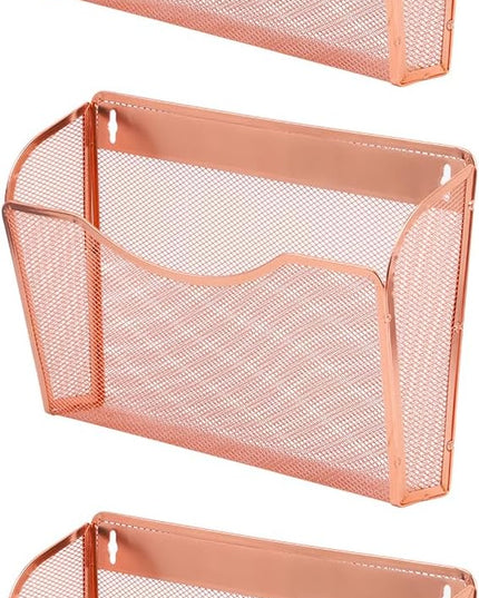 EASEPRES 3 Single Pocket Mesh Hanging File Organizer, Vertical Wall Mounted Magazine File Holder, Mount Basket Mail Paper Document Folder Organizing for Office, Home and School, Rose Gold