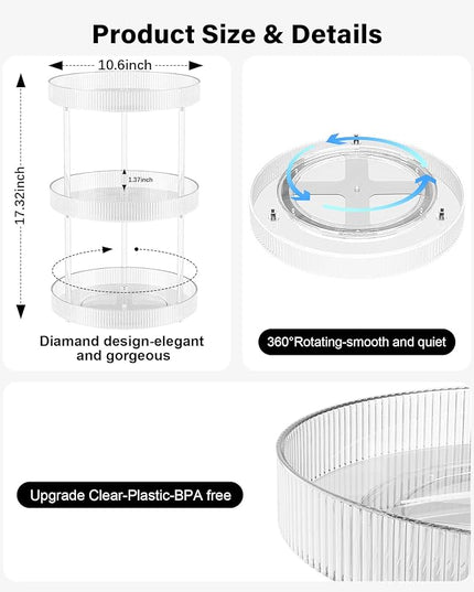 3-Tier Lazy Susan Bathroom Countertop Organizer, 360° Clear Rotating Storage Tray, Cosmetics and Perfume Organizer, Spinning Storage Tray Vanity Organizer Shelf for Bathroom Cabinet, Kitchen(Medium)