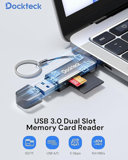 SD Card Reader, Dockteck USB 3.0 Card Reader to Micro SD Card Adapter to SD TF Memory Stick, Dual-Slot OTG Reader for UHS-I SD/Micro SD/SDHC/SDXC/MMC, for MacBook,iPad Pro/Air, iPhone 15, Android