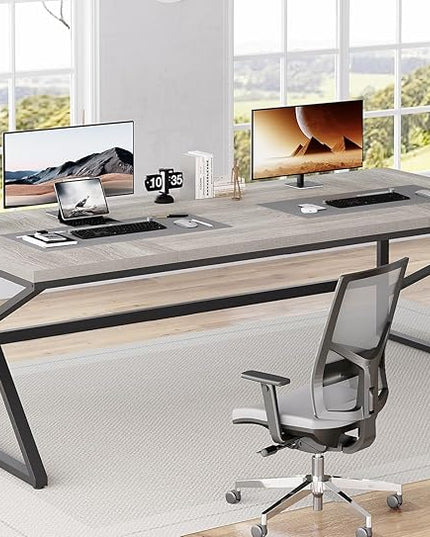 HSH 78 Inch Long Home Office Desk, Extra Large Grey Computer Desk for 2 Person, Industrial Wooden and Metal Executive Work Writing Study Gaming Desk Table, Modern Bedroom PC Laptop Desk Double Desk