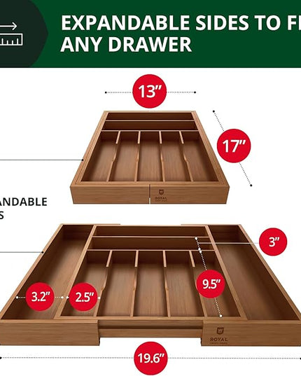 ROYAL CRAFT WOOD Luxury Bamboo Kitchen Drawer Organizer - Silverware Organizer - Utensil Holder and Cutlery Tray with Grooved Drawer Dividers for Flatware and Kitchen Utensils (9 Slot, Brown Bamboo)