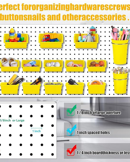 Roowest 60 Pcs Pegboard Cups Pegboard Bins Set, Wall Organizer with Hooks and Loops, Hooks Assortment Organizer Accessory for Office Storage Garage Craft Workshop(Yellow)