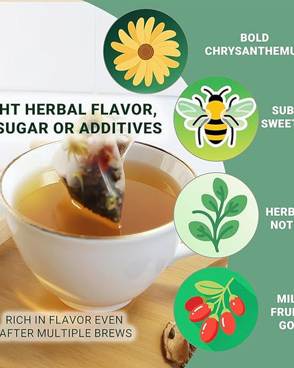 ADMIRINGAZELAND Goji Berry Chrysanthemum Tea Bags, 30 Count - Pyramid Teabags, 6 Ingredients - Dandelion Root, Wolfberry, Cassia Seed, Honeysuckle, Burdock - Chinese Herbal for Office & Home, 5.3 oz
