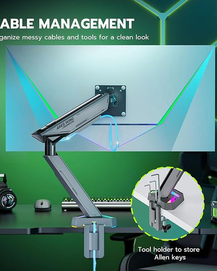ARES WING RGB Single Monitor Arm Desk Mount for 17-45 inches Flat and Curved Monitors, Holds 35.2 lbs Heavy Duty, Adjustable Ultrawide Monitor Arm with Clamp & Grommet Base, 75/100 VESA Mount, Gray