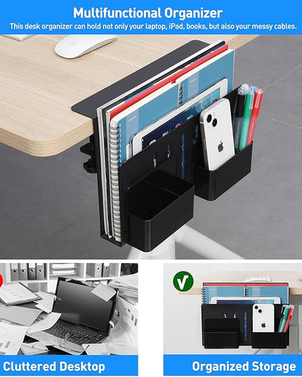 MAXECHO Desk Side Storage, Under Desk Laptop Mount, Table Side Hanging File Organizer, No Drill Clamp On Cable Management Tray, Laptop Holder with Magnetic Pen Holder for Office and Home, Load 22 Lbs
