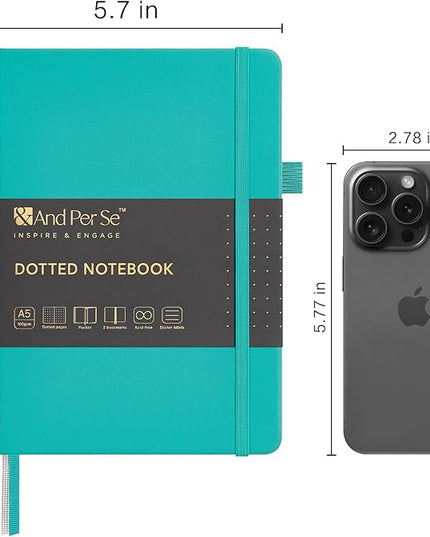 &And Per Se Dotted Journal Notebook, A5 Hardcover Leather Bullet Dotted Journal, 160 Pages 100 gsm Thick Paper, 3 Sheets of Stickers Included- 5.7'' x 8'' (Turquoise)