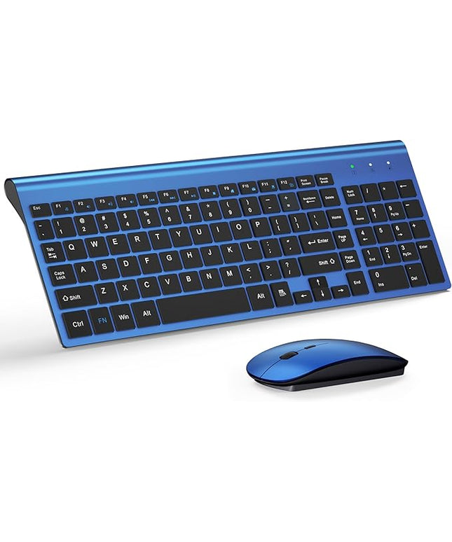 TopMate Wireless Keyboard and Mouse Ultra Slim Combo, 2.4G Silent Compact USB Mouse and Scissor Switch Keyboard Set with Cover, 2 AA and 2 AAA Batteries, for PC/Laptop/Windows/Mac - Blue Black
