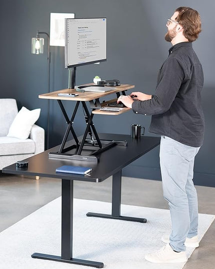 VIVO 42 inch Desk Converter, K Series, Height Adjustable Sit to Stand Riser, Dual Monitor and Laptop Workstation with Wide Keyboard Tray, Reclaimed Wood Top, Black Frame, DESK-V042KP