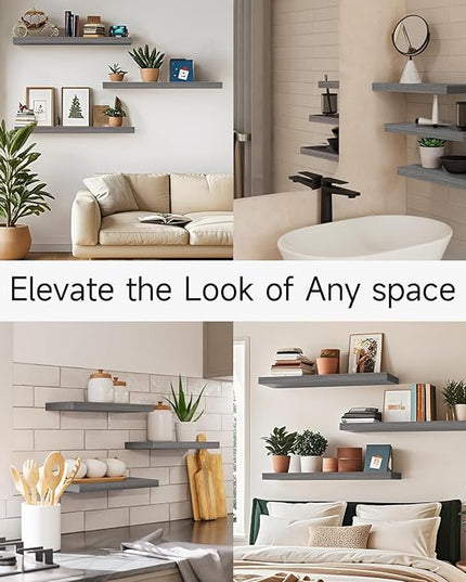 BAYKA Grey Floating Shelves for Wall, 22.5 inches Wall Mounted Rustic Wood Shelves for Bathroom, Bedroom, Living Room, Floating Shelves for Books/Storage/Decor (Set of 3)
