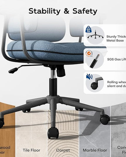 Blue Desk Chair with Wheels and Wide Arms, Soft Granular Linen Fabric Office Chair, Mid Back Vintage Comfy Home Office Desk Chairs with Memory Foam Seat Cushion, Adjustable Height