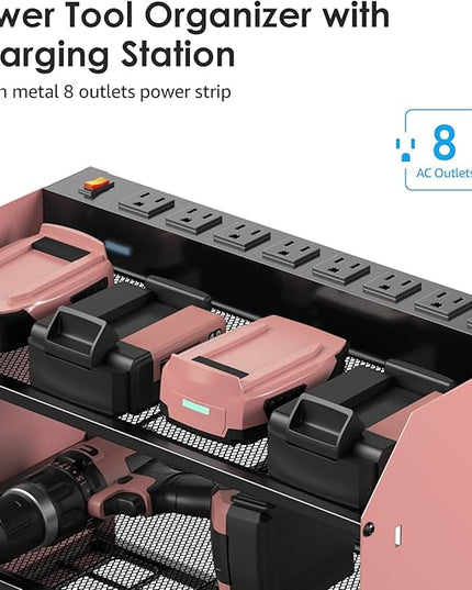 CCCEI Modular Power Tool Organizer Wall Mount with Charging Station. Garage Drill Storage Shelf with Hooks, Heavy Duty Rack, Tool Battery Holder Built in 8 Outlet. Gift for Men. Pink, 1 Pack.