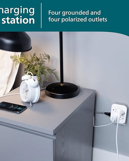 Philips All-in-One Surge Tap, 4 Grounded & 4 Polarized Outlets, 1140 Joules, Adapter-Spaced Design, ETL Certified, White/Gray, SPP3993W/37