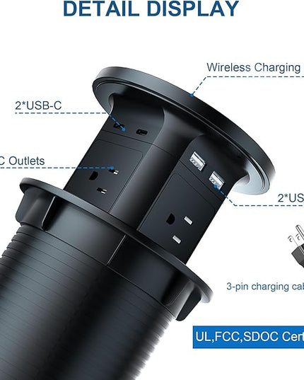 9-in-1 Pop-Up Outlet with Wireless Charging – 4 AC & 4 USB Ports, 2500W Overload Protection, 100-240V Global Voltage, 4-1/8" Cutout – Hidden Countertop Power Hub for Kitchen, Office, etc.（2-Pack）