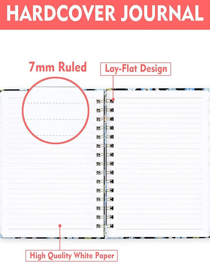 Spiral Journal Notebook for Women, Hardcover A5 College Ruled Notebook, 120 Pages, Thick Paper, Cute Lined Journal for School, Office & Work, 6 x 8.4 in(Blue Garden Flower)
