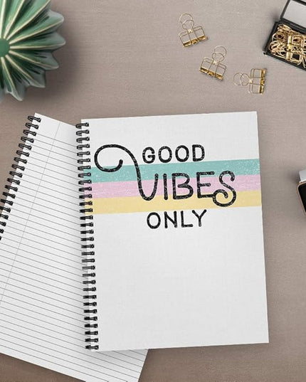 Softcover Good Vibes 8.5" x 11" Motivational Spiral Notebook/Journal, 120 College Ruled Pages, Durable Gloss Laminated Cover, Black Wire-o Spiral. Made in The USA