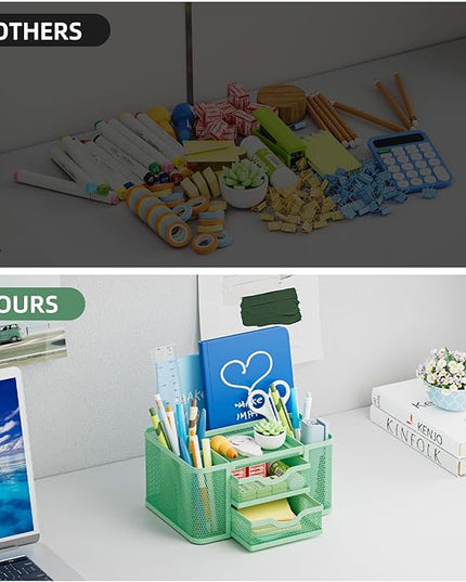 Marbrasse Mesh Desk Organizer, Pen Organizer with 2 Drawer, Multi-Functional Pencil Holder, Desk Organizers and Accessories with 5 Compartments + Drawer for Office Art Supplies (Green)