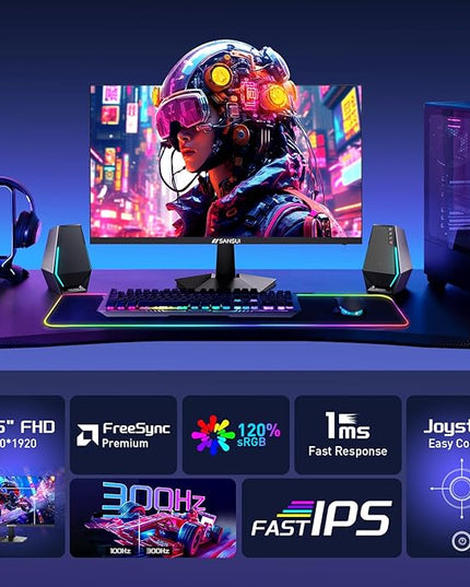 SANSUI Gaming Monitor, 24.5" 300hz 240hz FHD 1080P 1ms FPS PC Monitor Gaming, HDR, FreeSync, DisplayPort x2 HDMI x2, Fast IPS, 120% sRGB, Audio Jack, VESA Support, Desktop Compatible(ES-G25X1 PRO)