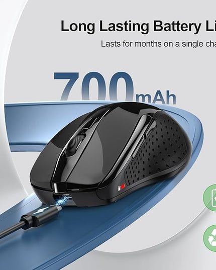 TECKNET Wireless Mouse (BT5.0/3.0 & 2.4G) Rechargeable 4800 DPI Silent USB A & Bluetooth Mouse 6 Buttons, Wide Compatibility - Black
