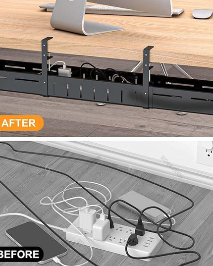 REALINN Under Desk Cable Management Tray Black, Expandable 25.27"-38.66" Sturdy Steel Desk Cord Hider Raceway for Office/Home