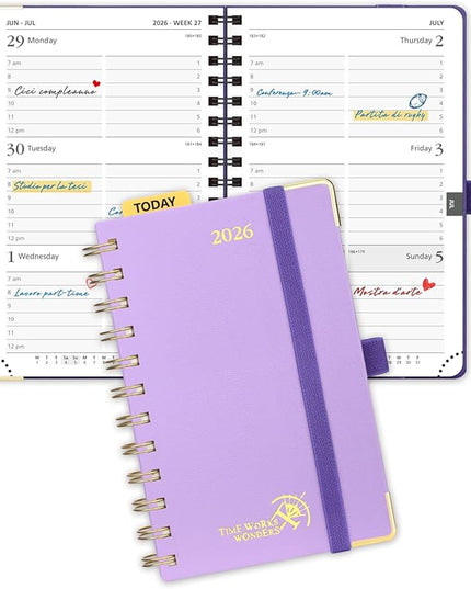 POPRUN 2026 Planner (Pocket Size 4''x 6.25'' Wire-Bond Hard Cover) Calendar Weekly and Monthly (Jan.2026-Dec.2026) Small Planner with Hourly Time Slots, for Purse, 100 GSM - Violet
