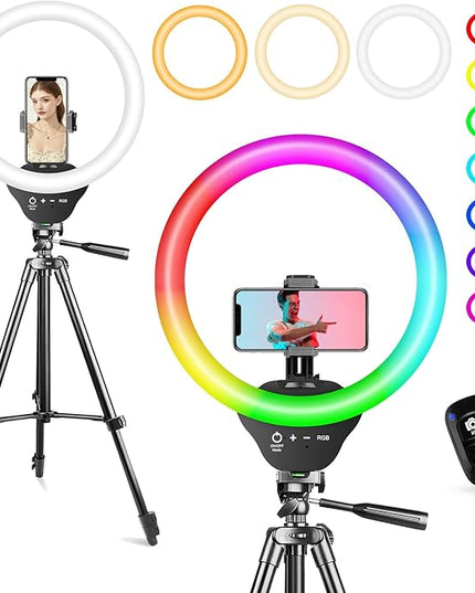 Sensyne 10'' RGB Ring Light with 50'' Extendable Tripod Stand, Circle Lights with Phone Holder for Live Stream/Makeup/YouTube Video/TikTok, Compatible with All Phones