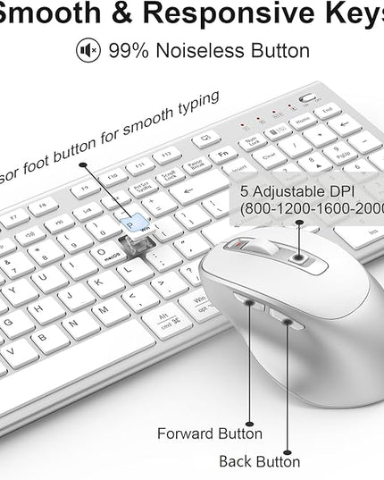 FENIFOX Wireless Keyboard and Mouse, Rechargeable USB C Combo Silent Quiet Compact Full Size Flat with Number Pad Soft Cover for Mac MacBook iMac Windows PC Laptop Computer Office - White & Silver