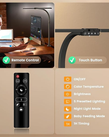 LED Desk Lamp for Home Office - Remote Control Desk Light Computer Lamp with clamp, 22W, Dimmable, Color Changing, Touch Control, Height Adjustable, Black Table Task Light Bar for Work