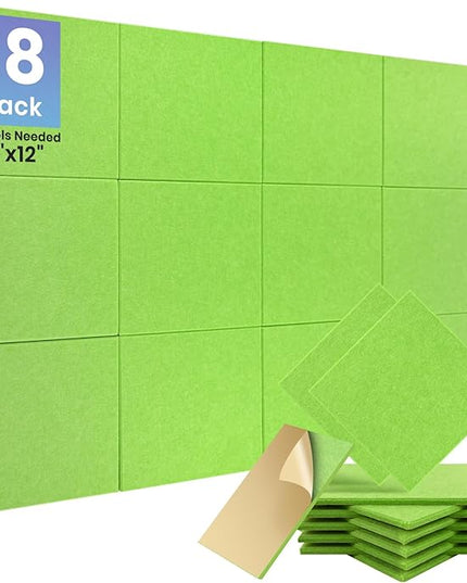 Focusound 18 Pack Sound Proof Panels for Walls, Self-Adhesive Acoustic Panels Sound Absorbing, 12" X 12" X 0.4" High Density Green Square Soundproof Wall Panels