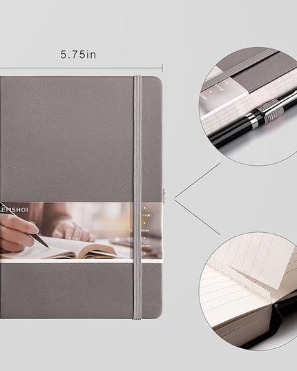 EMSHOI A5 Lined Journal Notebook - 120gsm Thick PU Leather Hardcover with Sticky Notes, 256 Numbered College Ruled Notebook for Work, School & Writing, 5.75" x 8.38" Dark Grey